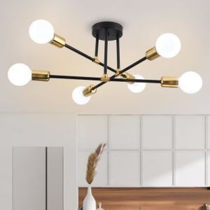 MOGOD Plafonnier Moderne Vintage - 6 E27 Lumi&egrave;res - Lustre Suspension Industriel en M&eacute;tal Noir Dor&eacute; pour Couloir Salon Chambre