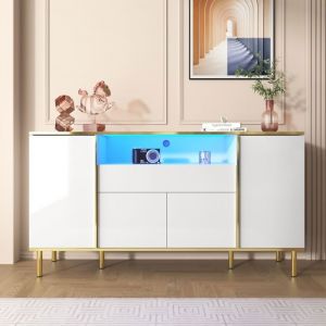 Buffet bas brillant 150 x 40 x 80 cm Meuble de rangement avec 1 Tiroir 4 Portes &Eacute;clairage LED pour salon cuisine chambre -blanc