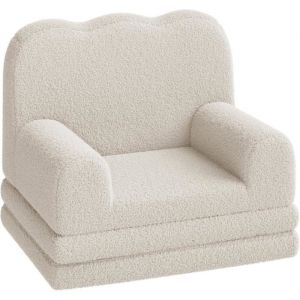 Canap&eacute; Enfant - LUNSY - fauteuil d&eacute;pliable - canap&eacute;-lit 2 en 1 - avec housse amovible - Dossier &agrave; motif ondul&eacute; - blanc