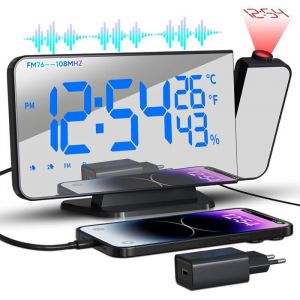 Radio-r&eacute;veil Projecteur 180&deg; - R&eacute;veil num&eacute;rique Miroir LED avec FM - 2 Alarmes Snooze Charge USB Reveil Num&eacute;rique LED &Eacute;cran Miroir