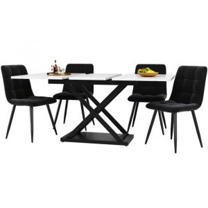 Ensemble Table À Manger(5pcs) Table Extensible 160x80x75cm + 4 Chaises Velours Noir Plateau Modèle De Marbre Pour 4 Personnes