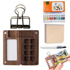 Kit de Peinture - PRUMYA - Aquarelle Portable - Palette en Bois - 12 Couleurs - Carnet de Croquis