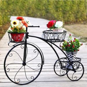 UNHO Étagère à Fleurs Fer Forgé Porte Plantes 79.5 x 52 x 23.5cm Escalier Fleurs en Forme de Vélo pour Orchidées Violon Jardin