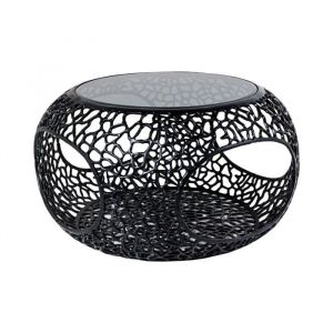 Table basse METRIX ronde 74 cm noire avec plateau en verre tremp&eacute; &ndash; Table basse design avec niches ouvertes
