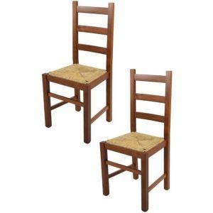 Tommychairs - Set 2 chaise cuisine RUSTICA, robuste structure en bois de hêtre peindré en couleur noyer clair, assise en paille