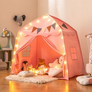 GOPLUS Grande Tente dactivite pour Enfants Tente Dôme dIntérieur et dExtérieur avec Lumières Vives Tente Tipi Lavable Rose