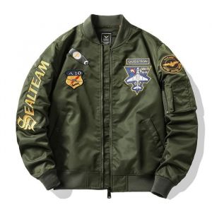 Blouson Bomber Homme Printemps et Automne Veste Aviateur Broderie Col Officier Tissu Confortable - Vert