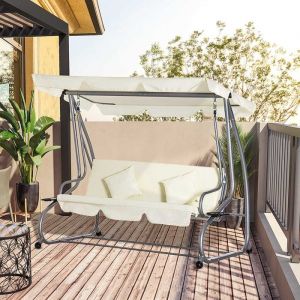 Balancelle de jardin 3 places convertible toit inclinaison r&eacute;glable 2 x 12 x 164 m acier polyester beige