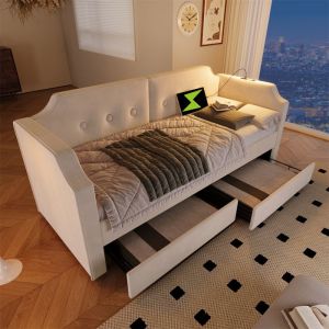 Lit Banquette 1 Place avec Tiroir et LED - Lit Simple Capitonné avec Sommier et USB - pour Ado et Adulte - Lampe de Lecture - Beige