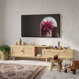 Meuble TV Extensible - 146-180cm Ch&ecirc;ne - Effet Cannage PVC Durable - Pieds Bois Massif - Pour TV 75 - Style Scandinave
