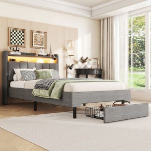 Lit adulte Lit 90x200 cm - avec tiroir lit capitonné lampe chauffante LED tiroir de rangement intégré - SWEIKO - Gris