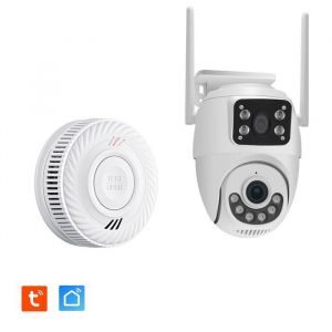 Kit Double Cam&eacute;ra ext&eacute;rieure KYF rotative IP 3MP Wifi vision nocture couleur + D&eacute;tecteur de fum&eacute;e connect&eacute; 10 ans Normes CE EN