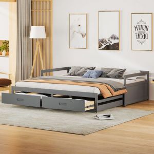 Canapé lit extensible 90/180*190 cm - WISHDOR - avec tiroirs et sommier à lattes lit en pin avec rangements gris