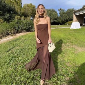 Robe longue femme élégante bustier–Robe soirée été fluide avec voile transparent–Tenue mariagecocktailvacances–Marron