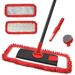 Balai Serpill&egrave;re Plat en Microfibre Rotatif &agrave; 360&deg; Vadrouille pour Nettoyage de Sol Sec & Humide avec Manche et 2 Tampons (Rouge)