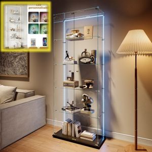Vitrine en Verre avec 2 Porte 5 Etagere Meuble Vitrine en Verre avec Serrure Vitrines pour Collection Vitrine Bandeau LED Noir