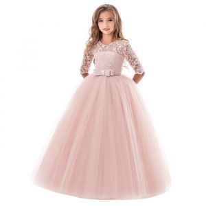 Robe de Princesse C&eacute;r&eacute;monie Longue Fille en Dentelle Robe Tulle Manches 3-4 Pour Soir&eacute;e Bal Mariage - Rose