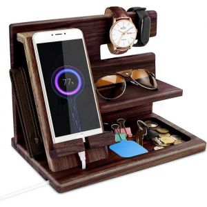 Organisateur de Bureau en Bois Multifonctionnel Station de Recharge Montre Support T&eacute;l&eacute;phones Cadeaux cr&eacute;atifs de No&euml;l pour hommes