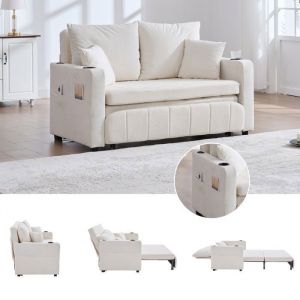 Canap&eacute; convertible 2 places en tissu Chenille sofa pliable Petit canap&eacute; de salon avec rangementUSB  et porte-gobelet beige