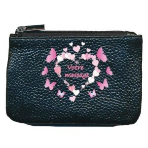 Petit Porte monnaie en cuir porte cles noir coeur avec message