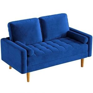 Canapé 2 Places en Tissu Velours Style Moderne Scandinave pour Salon Appartement Petit Espace Pieds Bois MassifBLEU
