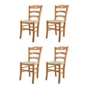 Tommychairs - Set 4 Chaises cuisine CUORE structure en bois de h&ecirc;tre peindr&eacute; miel assise en cuir artificiel ivoire