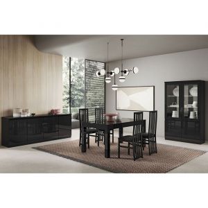 DEYTON - Ensemble S&eacute;jour Complet Laqu&eacute; Noir Table 160cm + Buffet + Vitrine avec Leds