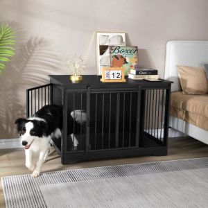 Cage pour Chien 100 cm Meuble Cage Chienavec Porte coulissante 2 Portes Niche Moderne pour Chiens 100 x 60 x 68 cm Noir
