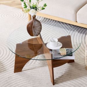 Table Basse Ronde Moderne en Verre Cadre en Forme D&Eacute;ventail Pieds de Table en MDF Aspect Noyer Table dappoint 80&times;80&times;36cm