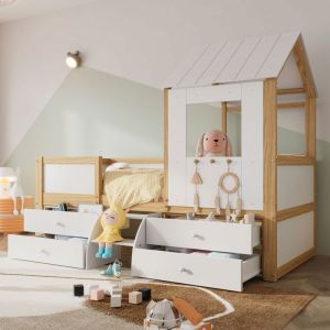 Lit enfant Lit Mezzanine Mi-hauteur 90x200 cmcm avec toit fenêtre 4 tiroirs et escalier pin+MDF Blanc+Naturel