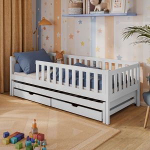 Lit enfant 3en1 80x180 cm - Lit simple avec lit gigogne - 2 tiroirs - Sommier inclus - Lit en bois massif - Blanc