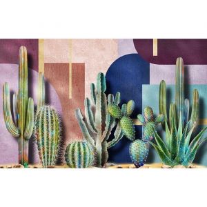 Décoration murale - HXA DECO - Tableau Cactus et cercles graphiques - 80x50 cm - Impression Haute Définition