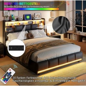 Lit double 140x200 cm LED+USB Cadre de lit 140x200 cm Hydraulique rangement PU Noir Lit coffre 140x200 cm Sommier inclus