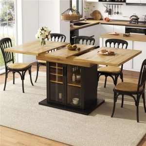 Table a Manger Extensible Bois 4&ndash;6 Personnes avec Rangement Vin &Eacute;tag&egrave;res et Porte en Verre Table Salle &agrave; Manger 110&ndash;140 cm Noir