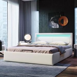 Lit capitonné Lit coffre 140 x 200 cm avec LED Sommier à lattes et espace de rangement Tête de lit Simili cuir et bois Blanc
