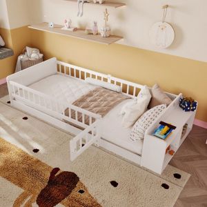 Lit de sol 90x200 cm Lit enfantavec rangement ouvert et &eacute;tag&egrave;rescadre de lit en pinsans matelas lit avec sommier blanc