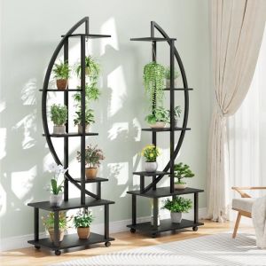 Support pour Plantes à 6 Niveaux avec roues - en bois - Forme Demi-lune - Étagère à Fleurs - Décoration Jardin 55x30x170cm Noir