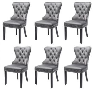 Lot de 6 Chaise Capitonn&eacute;e en Velours Gris - Style Classique Design - Pieds en Bois Massif - Salle &agrave; Manger Salon