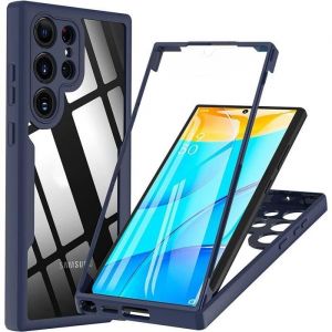 Coque Intégrale pour Samsung Galaxy S23 Ultra Antichoc Tranparent Bordure Bleu Marine Rigide