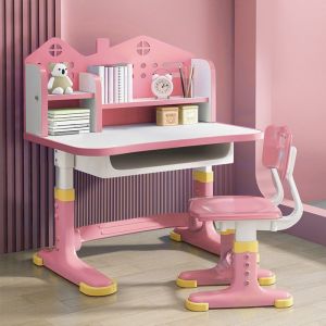 Bureau avec chaise pour enfants Table d&eacute;tude - hauteur r&eacute;glable - biblioth&egrave;que et tiroir de rangement -Rose - 76x63x105cm
