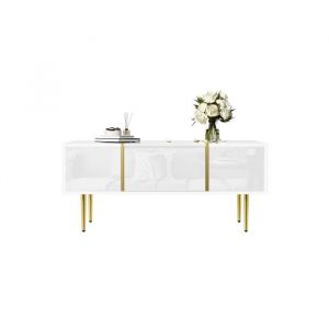 Table basse rectangle 100x60 cm blanc laqu&eacute; brillant avec 2 tiroirs table dappoint de canap&eacute;  MDF et m&eacute;tal dor&eacute;