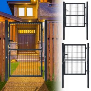 UISEBRT 125x100cm Porte de Jardin en Acier Galvanis&eacute; Anthracite Portail de Cl&ocirc;ture Verrouillable Protection avec Poteau et Serrure