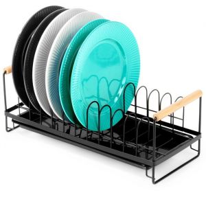 VILDE Égouttoir à vaisselle Compact Style Industriel - Pour 10 Assiettes Métal Noir Mat Poignées en Bois Bac Amovible