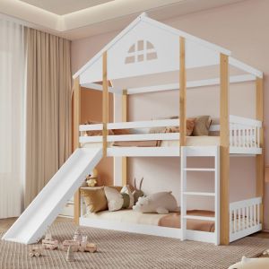 Lit superpos&eacute; enfant 90x200 cm Lit cabane avec toboggan escalier 3 marches barri&egrave;res de s&eacute;curit&eacute; - Bois Massif - Blanc et Naturel