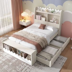 Lit enfant avec rangement - MERAX - Lit 90x190 cm - Bois blanc & ch&ecirc;ne - Tiroirs modulables & banc coffre - Sommier inclus