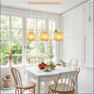 iDEGU 3lampes Lustre Vintage en Bambou et Bois Lampe 13cm Mini Abat-jour  à Boule Rotin Retro E27 Plafonnier Style Bohème pour