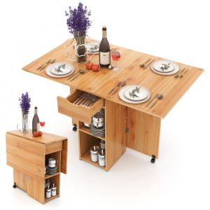 Table d’Appoint Pliante COSTWAY 2 Roulettes Console à Abattants  Support de Rangement Tiroirs à 2 Niveaux 120x72x75CM Naturel