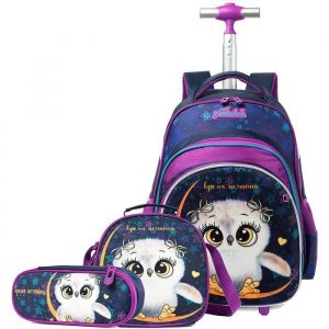 Sac à dos à roulettes peluche chouette violet pour enfant - Cartable panier repas et trousse inclus