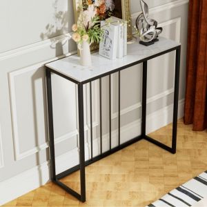 Console Meuble en Marbre Blanc dEntrée - Table Console en Pierre Fritée Lisse - pour Entrée Couloir Salon - 80 x 30 x 78.5cm