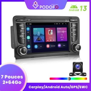 Podofo 2+ 64Go 7 pouces Android13 Autoradio pour Audi A3 8P S3 8P RS3 avce CarPlay Android Auto GPS SWC AHD Caméra haute définition